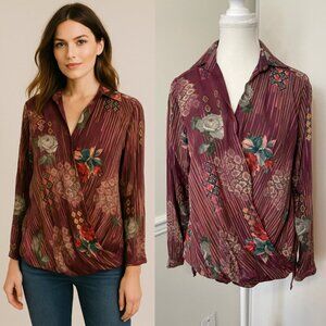 Mahila Floral Front Wrap Long Sleeve Blouse XS